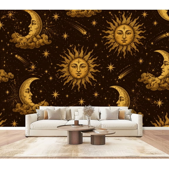 Wallpaper Mystic Golden Sun Moon Celestial Stars Clouds bohemian Peel and Stick Wall Murals 100"H x 144"W Removable PVC Wall Paper Self-Adhesive Wall Paintings Art Decor for Bedroom Living Room