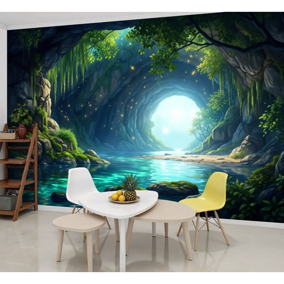 Wallpaper Mystical Cave Glowing Water Sparkling Lights Peel and Stick Wall Murals 69"H x 96"W Removable PVC Wall Paper Self-Adhesive Wall Paintings Art Decor for Bedroom Living Room