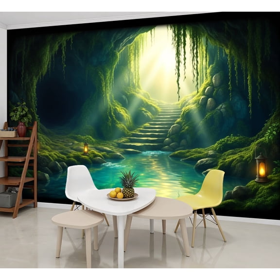Wallpaper Mystical Cave Greenery Flowing Stream Peel and Stick Wall Murals 69"H x 96"W Removable PVC Wall Paper Self-Adhesive Wall Paintings Art Decor for Bedroom Living Room
