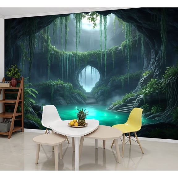 Wallpaper Mystical Cave Greenery Glowing Waters Peel and Stick Wall Murals 69"H x 96"W Removable PVC Wall Paper Self-Adhesive Wall Paintings Art Decor for Bedroom Living Room
