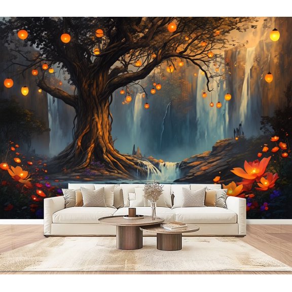 Wallpaper Mystical Forest Tree Waterfall Glowing Flowers Fantasy Woodland Peel and Stick Wall Murals 100"H x 144"W Removable PVC Wall Paper Self-Adhesive Wall Paintings Art for Bedroom Living Room