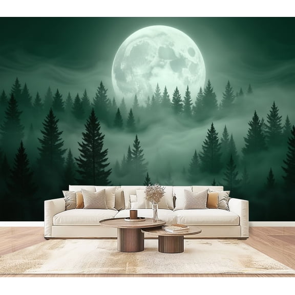 Wallpaper Mystical Full Moon Foggy Pine Forest Night Peel and Stick Wall Murals 100"H x 144"W Removable PVC Wall Paper Self-Adhesive Wall Paintings Art Decor for Bedroom Living Room
