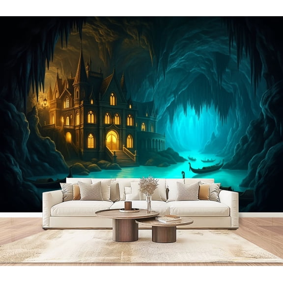 Wallpaper Mystical Gothic Castle Dark Cave Illuminated Waterway Peel and Stick Wall Murals 100"H x 144"W Removable PVC Wall Paper Self-Adhesive Wall Paintings Art Decor for Bedroom Living Room
