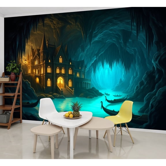 Wallpaper Mystical Gothic Castle Dark Cave Illuminated Waterway Peel and Stick Wall Murals 69"H x 96"W Removable PVC Wall Paper Self-Adhesive Wall Paintings Art Decor for Bedroom Living Room