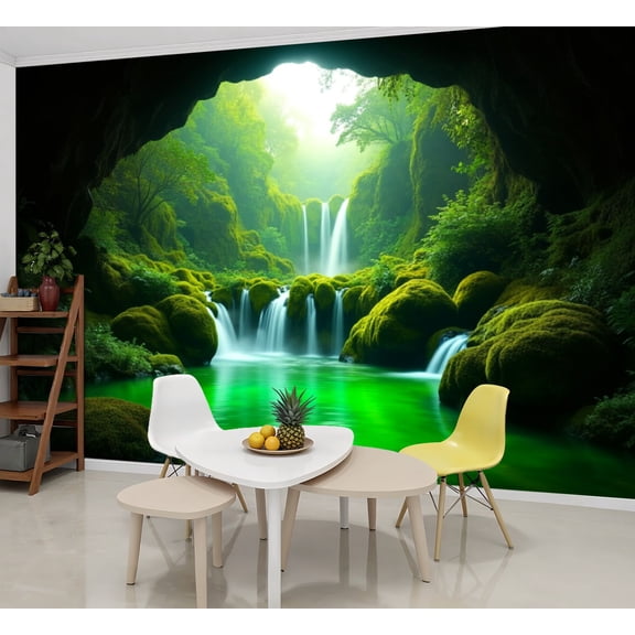 Wallpaper Mystical Green Waterfall Cave Flowing Streams Mossy Peel and Stick Wall Murals 69"H x 96"W Removable PVC Wall Paper Self-Adhesive Wall Paintings Art Decor for Bedroom Living Room