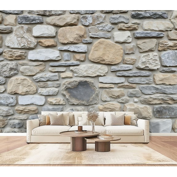 Wallpaper Natural Stone Wall Various Shapes Neutral Tones Peel and Stick Wall Murals 100"H x 144"W Removable PVC Wall Paper Self-Adhesive Wall Paintings Art Decor for Bedroom Living Room