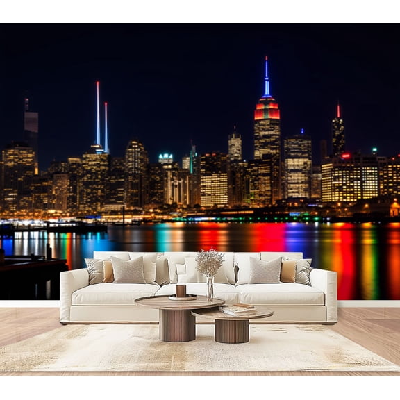 Wallpaper New York City Skyline Night Colorful Reflections Lights Peel and Stick Wall Murals 100"H x 144"W Removable PVC Wall Paper Self-Adhesive Wall Paintings Art Decor for Bedroom Living Room