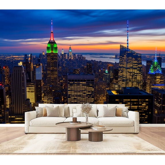 Wallpaper New York City Skyline Sunset Skyscrapers Colorful Sky Peel and Stick Wall Murals 100"H x 144"W Removable PVC Wall Paper Self-Adhesive Wall Paintings Art Decor for Bedroom Living Room
