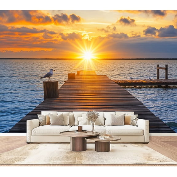 Wallpaper Ocean Seascape Sunset Sea Scenic Dock Landscape Beach Peel and Stick Wall Murals 100"H x 144"W Removable PVC Wall Paper Self-Adhesive Wall Paintings Art Decor for Bedroom Living Room