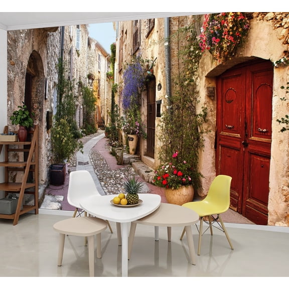Wallpaper Old French village houses cobblestone street Peel and Stick Wall Murals 69"H x 96"W Removable PVC Wall Paper Self-Adhesive Wall Paintings Art Decor for Bedroom Living Room