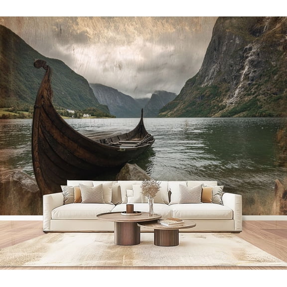 Wallpaper Old viking boat Gudvangen village Flam Norway Peel and Stick Wall Murals 100"H x 144"W Removable PVC Wall Paper Self-Adhesive Wall Paintings Art Decor for Bedroom Living Room