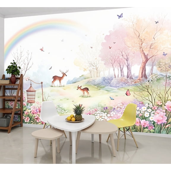 Wallpaper Pastel Fairy Meadow Deer Rainbow Wildflowers Peel and Stick Wall Murals 69"H x 96"W Removable PVC Wall Paper Self-Adhesive Wall Paintings Art Decor for Bedroom Living Room