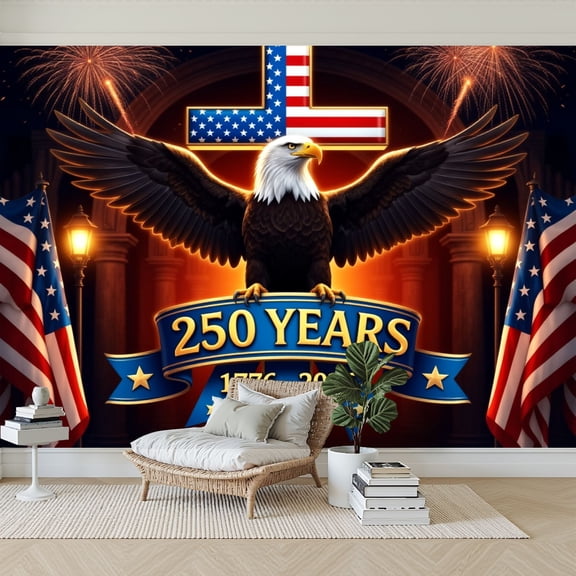Wallpaper Patriotic American Eagle Flag Cross Fireworks 250 Years Peel and Stick Wall Murals 69"H x 96"W Removable PVC Wall Paper Self-Adhesive Wall Paintings Art Decor for Bedroom Living Room