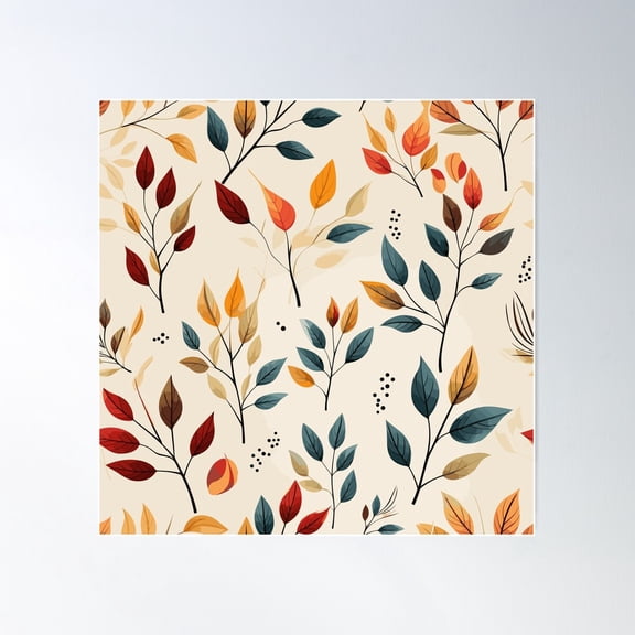 Wallpaper Pattern Of Branches With White Leaf With Beige Background, Autumn Atmosphere Poster Wall Art, Modern Wall Decor For Living Room Bedroom, 17x17 UNFRAMED