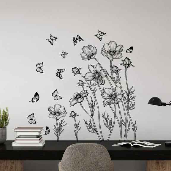Wallpaper Peel and Stick Promotion Sale! Nomeni Black Flowers Wall Decal Floral Butterfly Wall Stickers Living Room Bedroom Wall Decor, Home Decor Clearance Sale