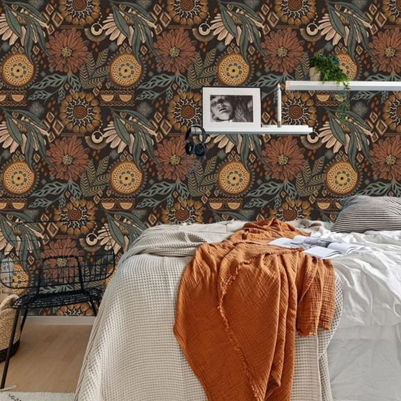 Wallpaper Peel and Stick Floral Boho Brown/PeachPuff/Green Retro Wall Decor Bathroom Removable Mural 17.3in x 32.8ft