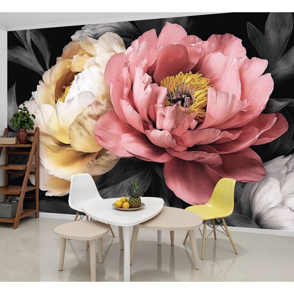 Wallpaper Peony Flower Pink Petals Yellow Stamen Gray Leaves Peel and Stick Wall Murals 69"H x 96"W Removable PVC Wall Paper Self-Adhesive Wall Paintings Art Decor for Bedroom Living Room