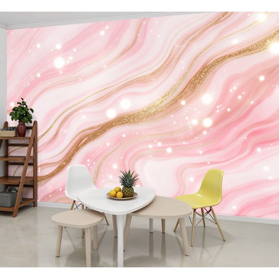 Wallpaper Pink Marble Waves Gold Veins Abstract Fluid Art Peel and Stick Wall Murals 69"H x 96"W Removable PVC Wall Paper Self-Adhesive Wall Paintings Art Decor for Bedroom Living Room