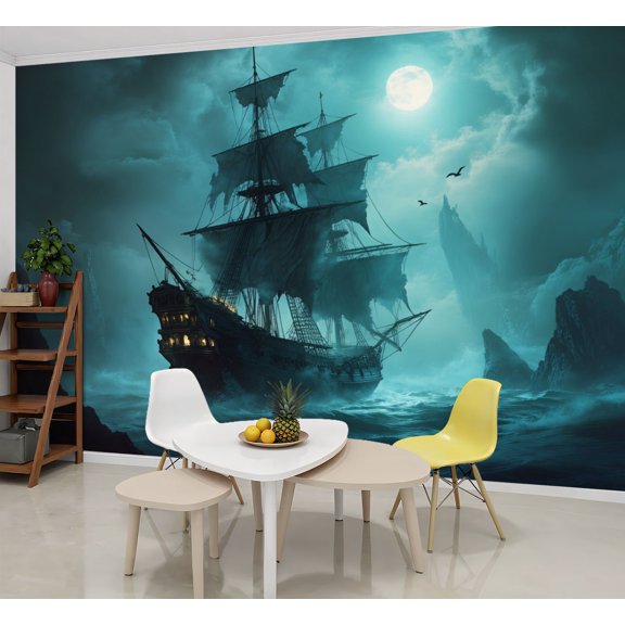 Wallpaper Pirate Sailing Wave Dark Ghost Ship Ancient Sailing Peel and Stick Wall Murals 69"H x 96"W Removable PVC Wall Paper Self-Adhesive Wall Paintings Art Decor for Bedroom Living Room