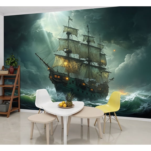 Wallpaper Pirate Ship Sea Full Moon Modern Stormy Sea Clouds Peel and Stick Wall Murals 69"H x 96"W Removable PVC Wall Paper Self-Adhesive Wall Paintings Art Decor for Bedroom Living Room