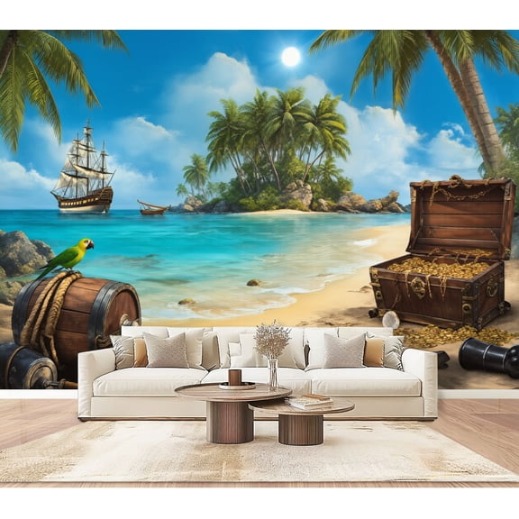 Wallpaper Pirate Ship Treasure Tropical Beach Palm Trees Treasure Peel and Stick Wall Murals 100"H x 144"W Removable PVC Wall Paper Self-Adhesive Wall Paintings Art Decor for Bedroom Living Room