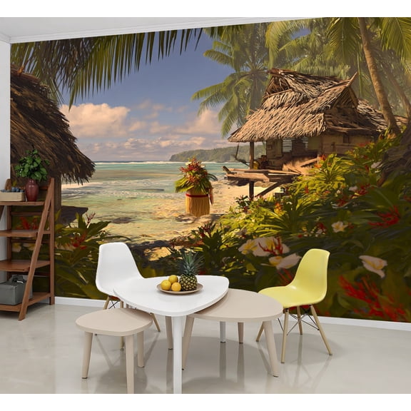 Wallpaper Polynesian Beach Hut Peel and Stick Wall Murals 69"H x 96"W Removable PVC Wall Paper Self-Adhesive Wall Paintings Art Decor for Bedroom Living Room