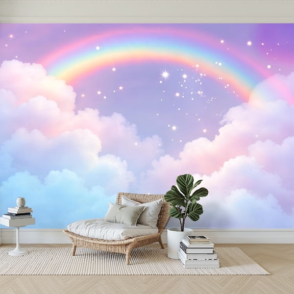 Wallpaper Rainbow Soft Pastel Clouds Sparkling Stars Peel and Stick Wall Murals 69"H x 96"W Removable PVC Wall Paper Self-Adhesive Wall Paintings Art Decor for Bedroom Living Room