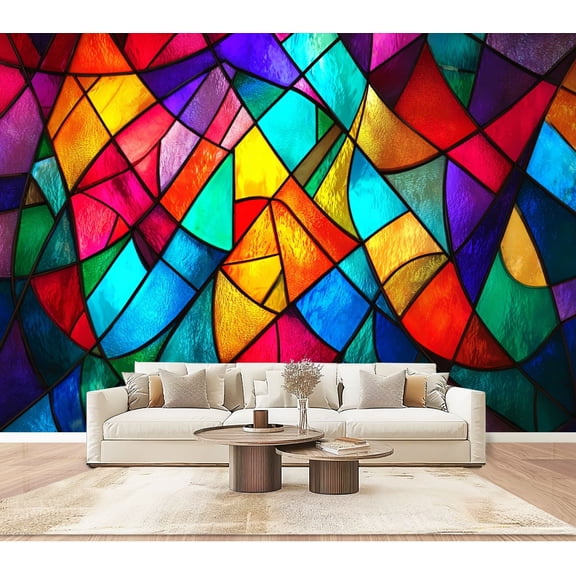 Wallpaper Rainbow Stained Glass Peel and Stick Wall Murals 100"H x 144"W Removable PVC Wall Paper Self-Adhesive Wall Paintings Art Decor for Bedroom Living Room