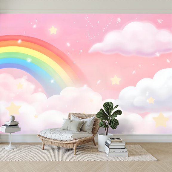 Wallpaper Rainbow Starry Sky Soft Clouds Pink Peel and Stick Wall Murals 69"H x 96"W Removable PVC Wall Paper Self-Adhesive Wall Paintings Art Decor for Bedroom Living Room
