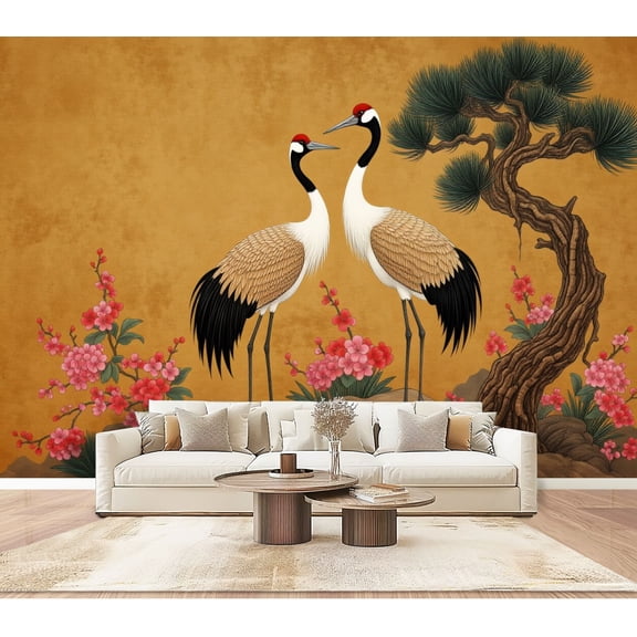 Wallpaper Red Crowned Cranes Pine Tree Plum Blossoms Golden Peel and Stick Wall Murals 100"H x 144"W Removable PVC Wall Paper Self-Adhesive Wall Paintings Art Decor for Bedroom Living Room