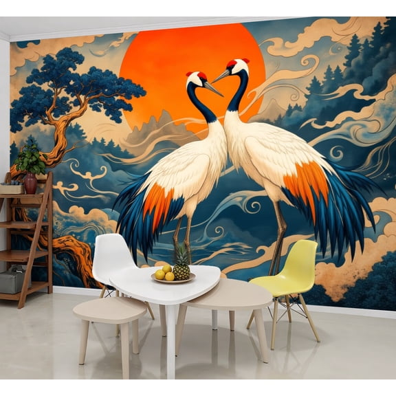 Wallpaper Red Crowned Cranes Under Rising Sun Traditional Peel and Stick Wall Murals 69"H x 96"W Removable PVC Wall Paper Self-Adhesive Wall Paintings Art Decor for Bedroom Living Room