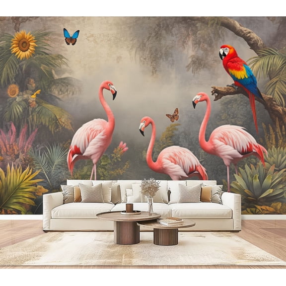 Wallpaper Retro Abstract Vintage Flamingo Animals Flamingos Parrot Tree Peel and Stick Wall Murals 100"H x 144"W Removable PVC Wall Paper Self-Adhesive Wall Decor for Bedroom Living Room
