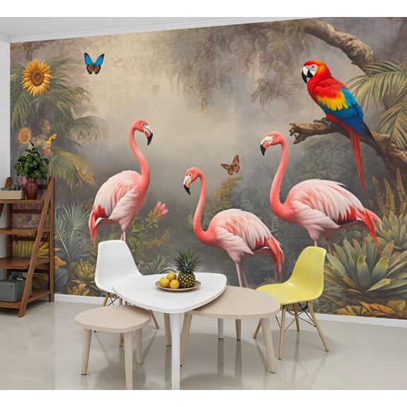 Wallpaper Retro Abstract Vintage Flamingo Animals Flamingos Parrot Tree Peel and Stick Wall Murals 69"H x 96"W Removable PVC Wall Paper Self-Adhesive Wall Decor for Bedroom Living Room
