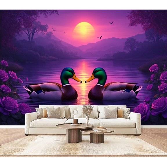 Wallpaper Romantic Mallard Ducks Lake Purple Roses Sunset Peel and Stick Wall Murals 100"H x 144"W Removable PVC Wall Paper Self-Adhesive Wall Paintings Art Decor for Bedroom Living Room