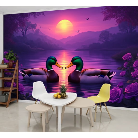 Wallpaper Romantic Mallard Ducks Lake Purple Roses Sunset Peel and Stick Wall Murals 69"H x 96"W Removable PVC Wall Paper Self-Adhesive Wall Paintings Art Decor for Bedroom Living Room
