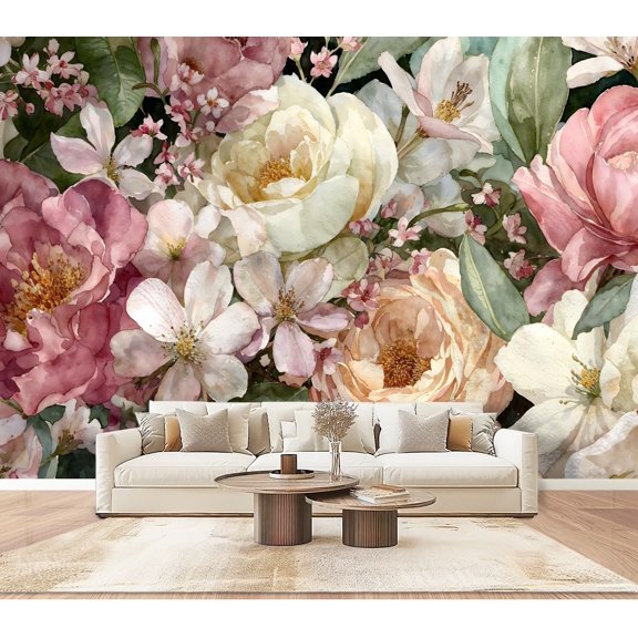 Wallpaper Romantic Springtime Roses Peonies Watercolor Peel and Stick Wall Murals 100"H x 144"W Removable PVC Wall Paper Self-Adhesive Wall Paintings Art Decor for Bedroom Living Room