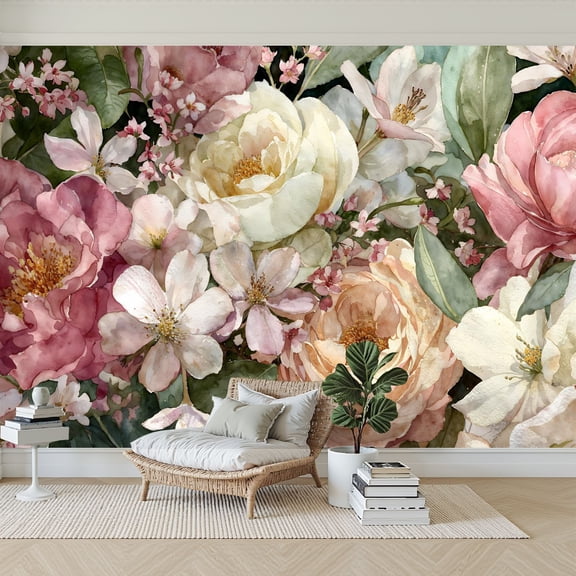 Wallpaper Romantic Springtime Roses Peonies Watercolor Peel and Stick Wall Murals 69"H x 96"W Removable PVC Wall Paper Self-Adhesive Wall Paintings Art Decor for Bedroom Living Room