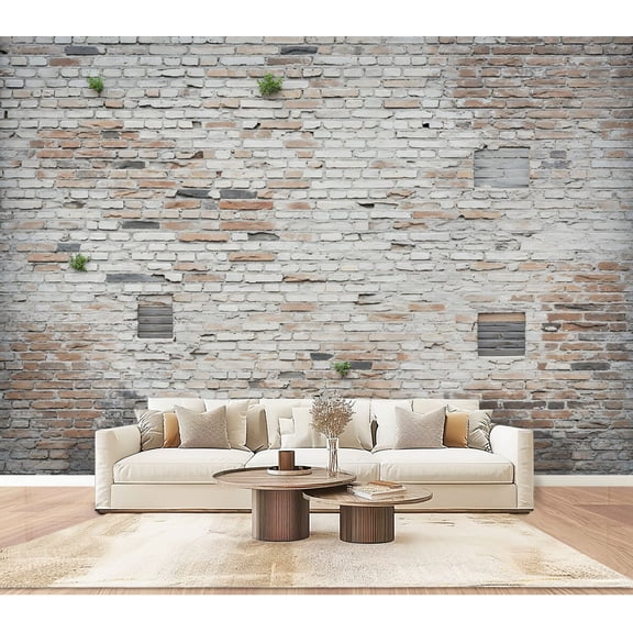 Wallpaper Rustic Brick Wall Whitewash Exposed Red Bricks Green Moss Accents Peel and Stick Wall Murals 100"H x 144"W Removable PVC Wall Paper Self-Adhesive Wall Paintings Art for Bedroom Living Room