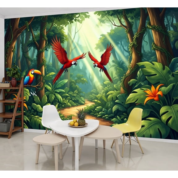 Wallpaper Scarlet Macaw Parrots Tropical Rainforest Jungle Peel and Stick Wall Murals 69"H x 96"W Removable PVC Wall Paper Self-Adhesive Wall Paintings Art Decor for Bedroom Living Room