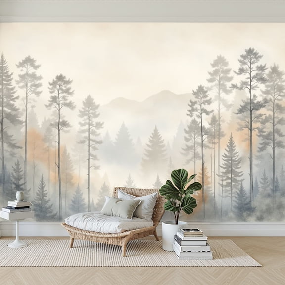 Wallpaper Scenic Forest Landscape Tall Pines Misty Hills Neutral Tones Peel and Stick Wall Murals 69"H x 96"W Removable PVC Wall Paper Self-Adhesive Wall Paintings Art Decor for Bedroom Living Room