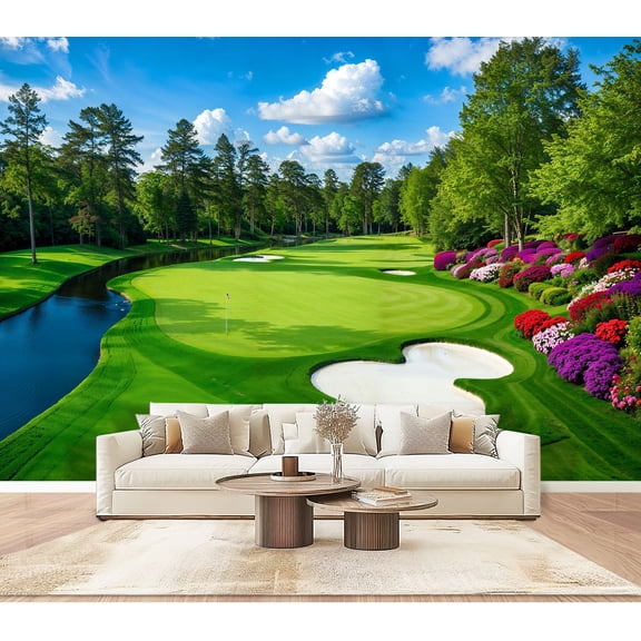 Wallpaper Scenic Golf Course Green Water Features Vibrant Flowers Peel and Stick Wall Murals 100"H x 144"W Removable PVC Wall Paper Self-Adhesive Wall Paintings Art Decor for Bedroom Living Room