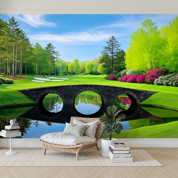 Wallpaper Scenic Golf Course Landscape Stone Bridge Reflective Water Peel and Stick Wall Murals 69"H x 96"W Removable PVC Wall Paper Self-Adhesive Wall Paintings Art Decor for Bedroom Living Room