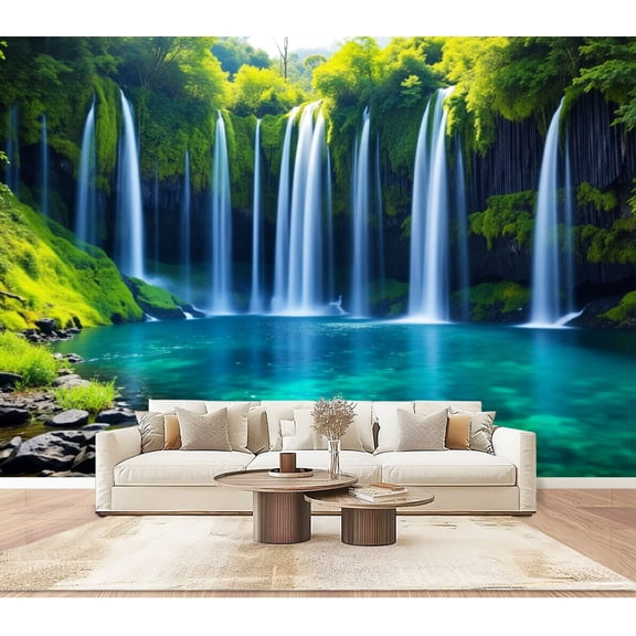 Wallpaper Scenic Waterfall Green Forest Pool Summer Decor Peel and Stick Wall Murals 100"H x 144"W Removable PVC Wall Paper Self-Adhesive Wall Paintings Art Decor for Bedroom Living Room
