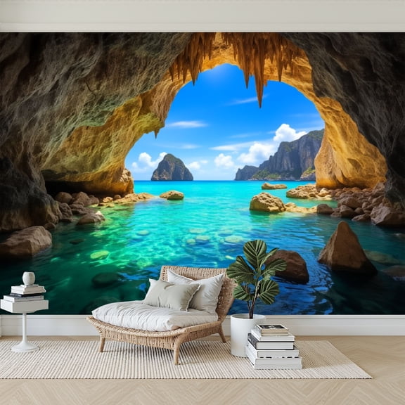 Wallpaper Sea Cave Crystal Clear Turquoise Water Sunlit Rocky Entrance Peel and Stick Wall Murals 69"H x 96"W Removable PVC Wall Paper Self-Adhesive Wall Paintings Art Decor for Bedroom Living Room