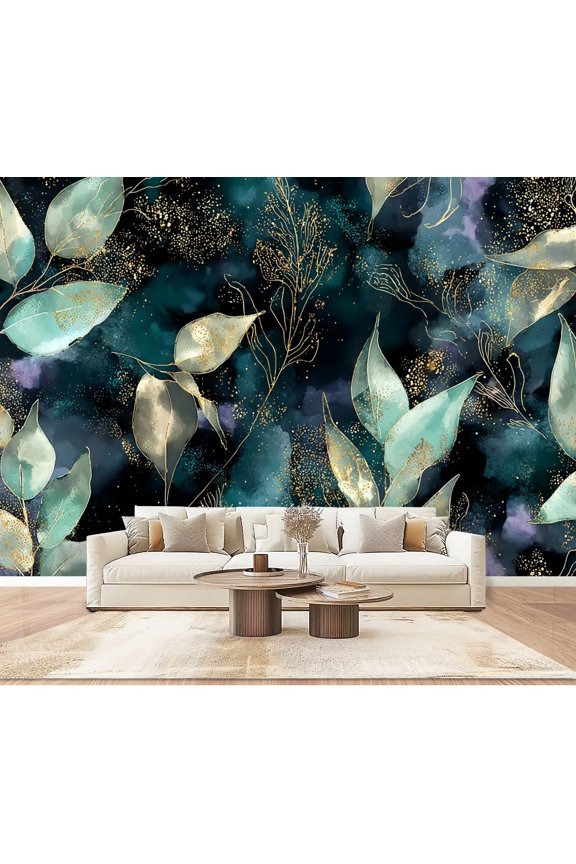 Wallpaper Seamless Floral branch gold dark navy purple emerald Peel and Stick Wall Murals 100"H x 144"W Removable PVC Wall Paper Self-Adhesive Wall Paintings Art Decor for Bedroom Living Room