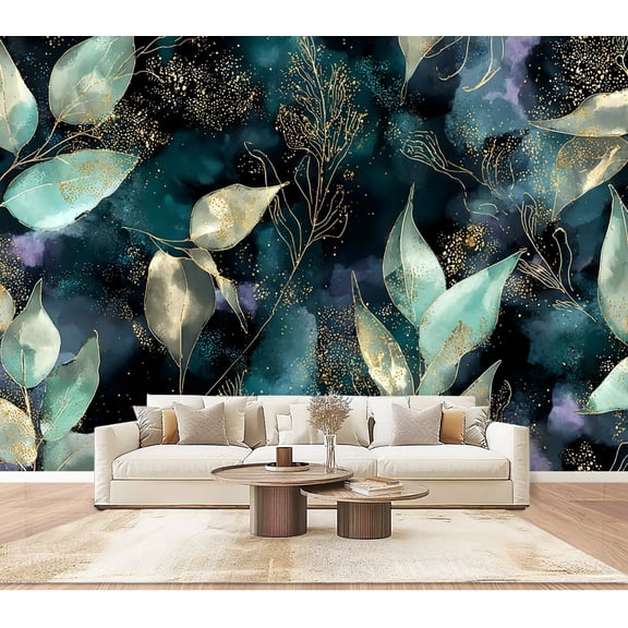 Wallpaper Seamless Floral branch gold dark navy purple emerald Peel and Stick Wall Murals 100"H x 144"W Removable PVC Wall Paper Self-Adhesive Wall Paintings Art Decor for Bedroom Living Room