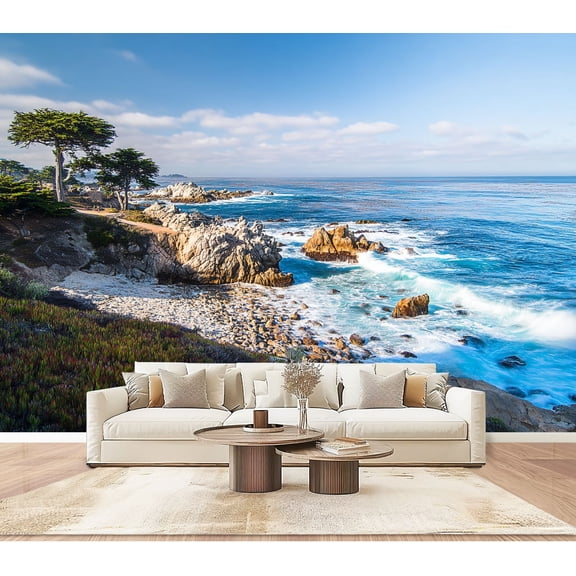 Wallpaper Seascape Monterey Bay cypress trees Sunset California Peel and Stick Wall Murals 100"H x 144"W Removable PVC Wall Paper Self-Adhesive Wall Paintings Art Decor for Bedroom Living Room