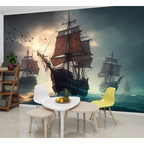 Wallpaper Seascape Pirate Ship Sailboat Pirate Ships Ocean Peel and Stick Wall Murals 69"H x 96"W Removable PVC Wall Paper Self-Adhesive Wall Paintings Art Decor for Bedroom Living Room