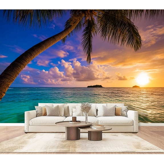 Wallpaper Seascape Sunset Palm Coconut Tree Modern Palm Tree Peel and Stick Wall Murals 100"H x 144"W Removable PVC Wall Paper Self-Adhesive Wall Paintings Art Decor for Bedroom Living Room