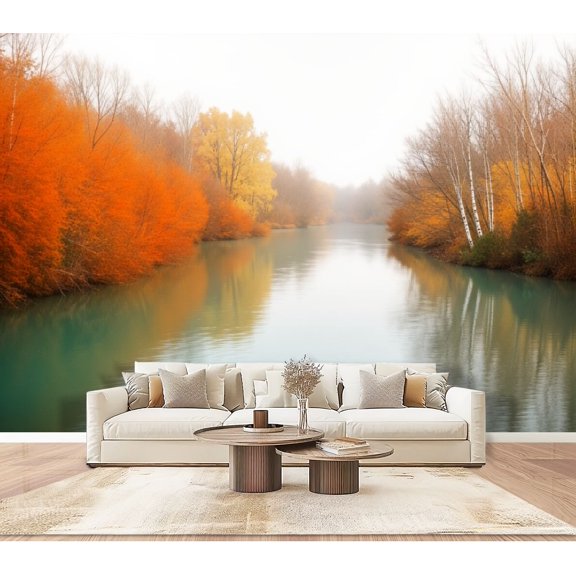 Wallpaper Serene Autumn River Landscape Golden Trees Reflection Peel and Stick Wall Murals 100"H x 144"W Removable PVC Wall Paper Self-Adhesive Wall Paintings Art Decor for Bedroom Living Room